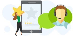 A graphic of a woman leaving a customer service rating and a customer service professional inside of a chat bubble.